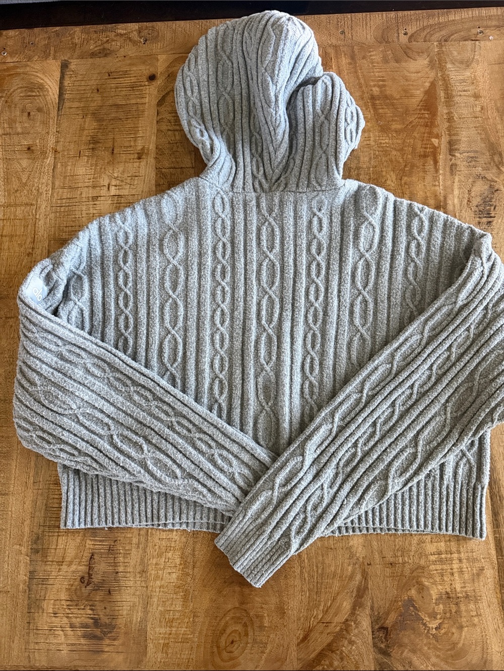 ALO Yoga Light Gray Cable-Knit Hooded Sweater - Picture 4 of 4